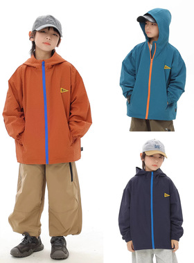 男童日系外套2026春季男宝泡泡格连帽风衣儿童撞色拉链上衣帅气潮