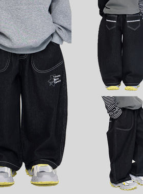 2026春季新款儿童露营风印花休闲长裤男中大童宽松直筒明线牛仔裤