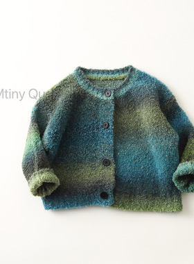 韩订款～特殊纱线马海毛渐变儿童针织外套毛衣男女宝绿色系开衫潮