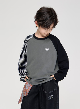 2026春季新款男童日系条纹拼接圆领打底衫中大童爱心印花长袖T恤
