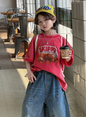 奶酪与喵男童短袖2026年春季新款韩版卡通印花透气休闲宽松中袖T