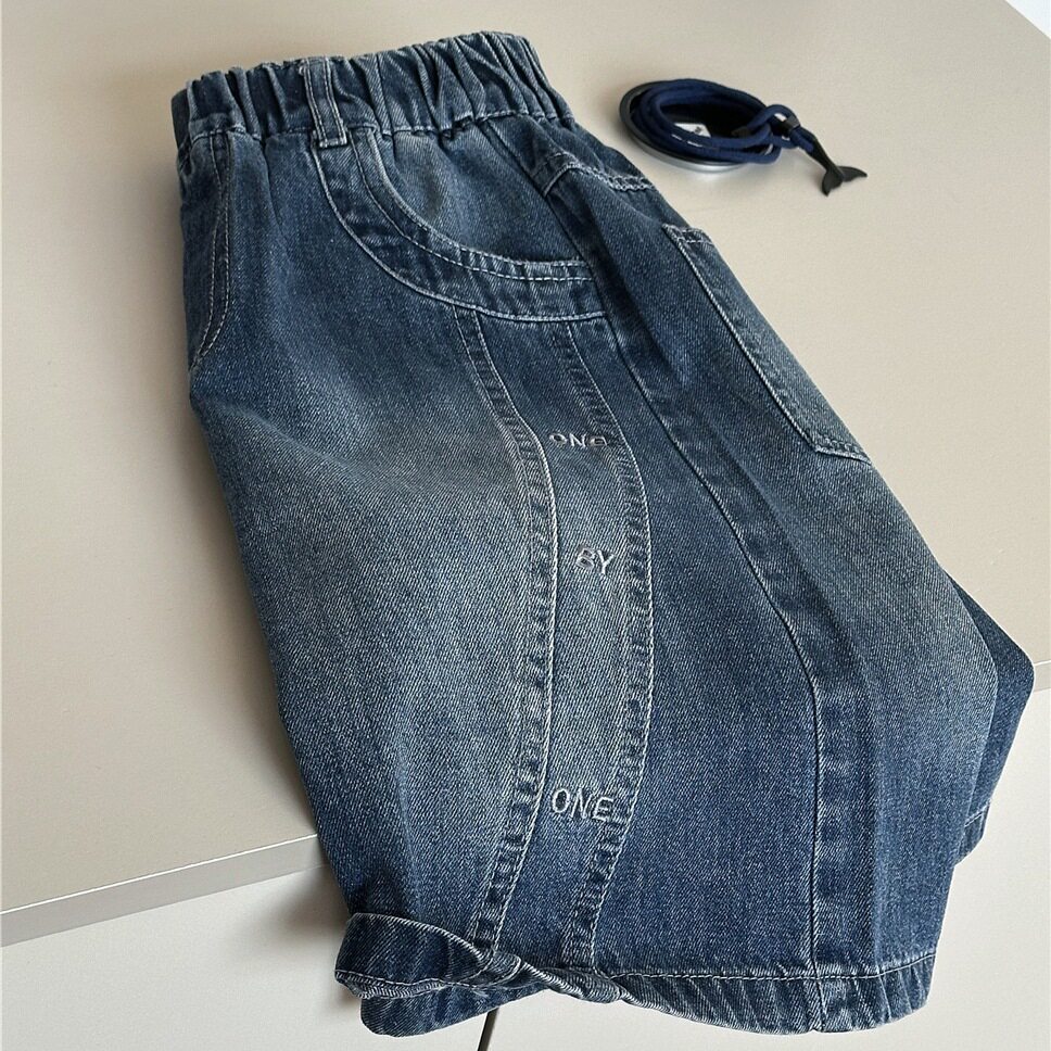 2026夏款童裤韩版男孩牛仔短裤潮牌绣花女童宽松五分裤子