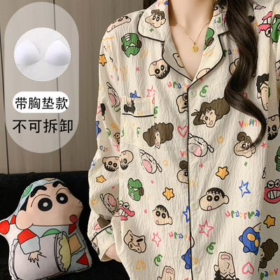 厂家现货带胸垫大码睡衣女春秋季长袖长裤卡通动漫超人小新两件套