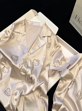 法式高级感Kitty烫钻冰丝睡衣女2026夏季薄款短袖短裤家居服套装