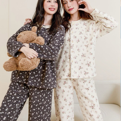 冬季加绒颗粒绒纽扣开衫保暖蕾丝边睡衣女士时尚家居服套装可外穿