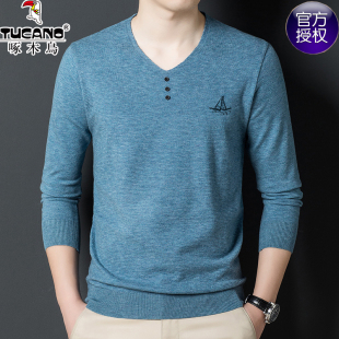 啄木鸟羊毛衫男士V领长袖T恤针织打底衫中青年鸡心领套头薄款毛衣