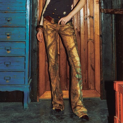 辣妹复古蛇纹做旧低腰微喇牛仔裤