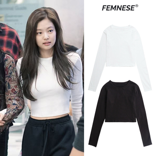 T恤女内搭打底衫 jennie 金智妮同款 26aw圆领长袖 纯棉上衣女 修身