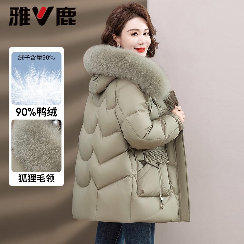 雅鹿妈妈装中长款羽绒服狐狸毛领