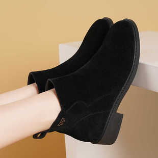 2025秋冬新款真皮短靴女中跟粗跟磨砂皮短筒裸靴保暖皮靴百搭女鞋