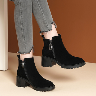 2025秋冬新款 短靴女磨砂皮高跟粗跟短筒切尔西靴拉链加绒保暖女鞋