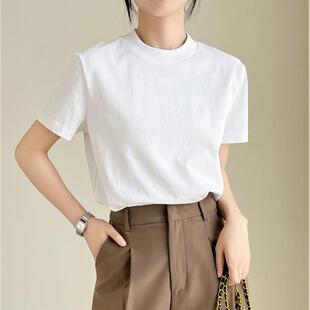 The T恤纯色简约宽松白色棉上衣设计感螺纹圆领 ro风后中缝线短袖