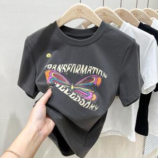 欧洲站纯棉蝴蝶正肩短袖t恤女欧货夏季2025新款短款上衣女半袖潮