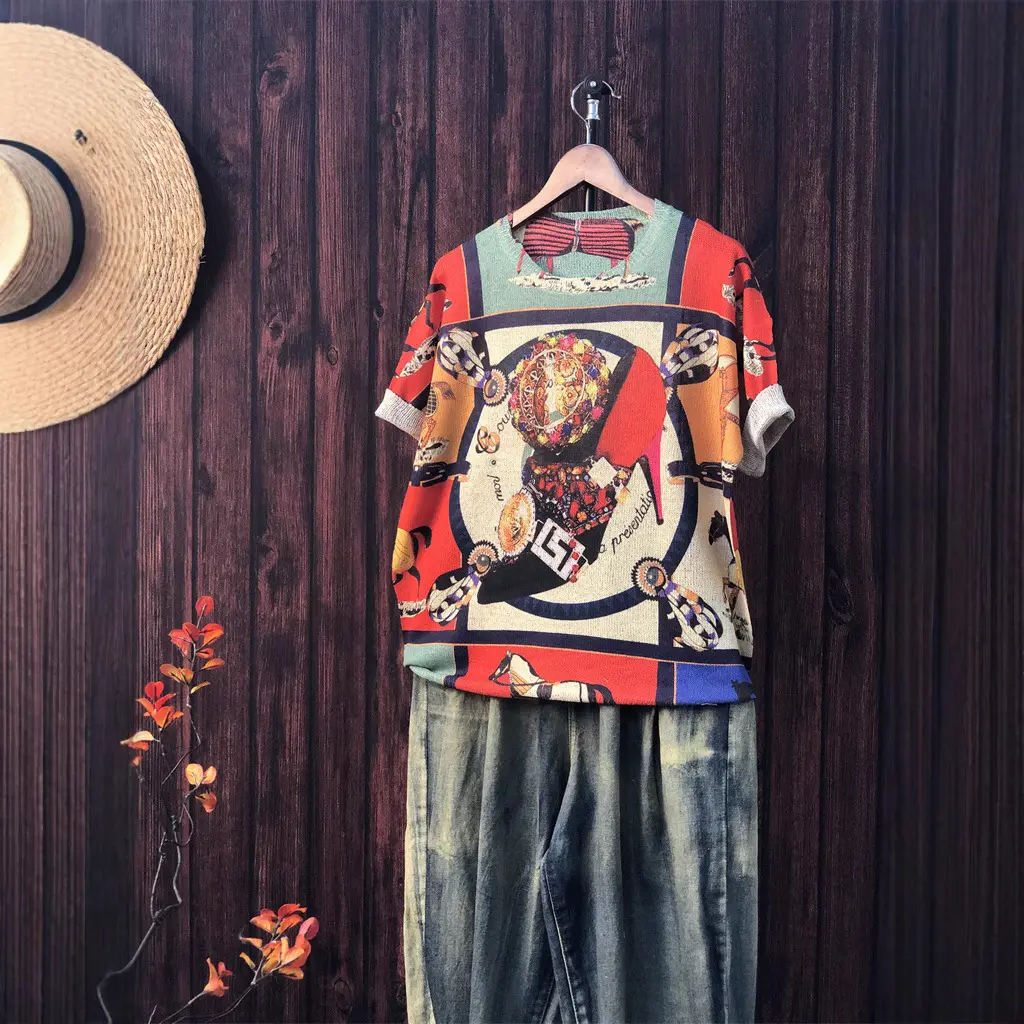 夏季新款印花针织衫宽松短袖