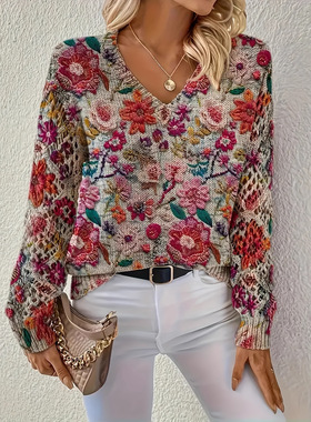 新款印花V领上衣跨境女装速卖通亚马逊爆款套头长袖春秋季毛衣