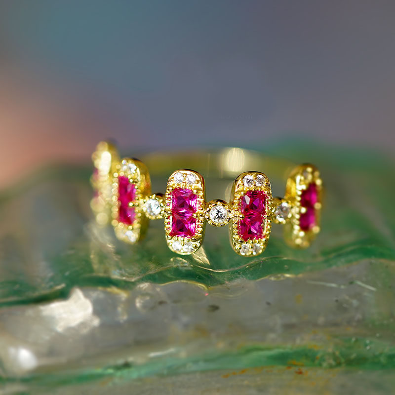 喜水能量复古风戒指宫廷红宝石方格叠戴纯银镀14K金设计师款