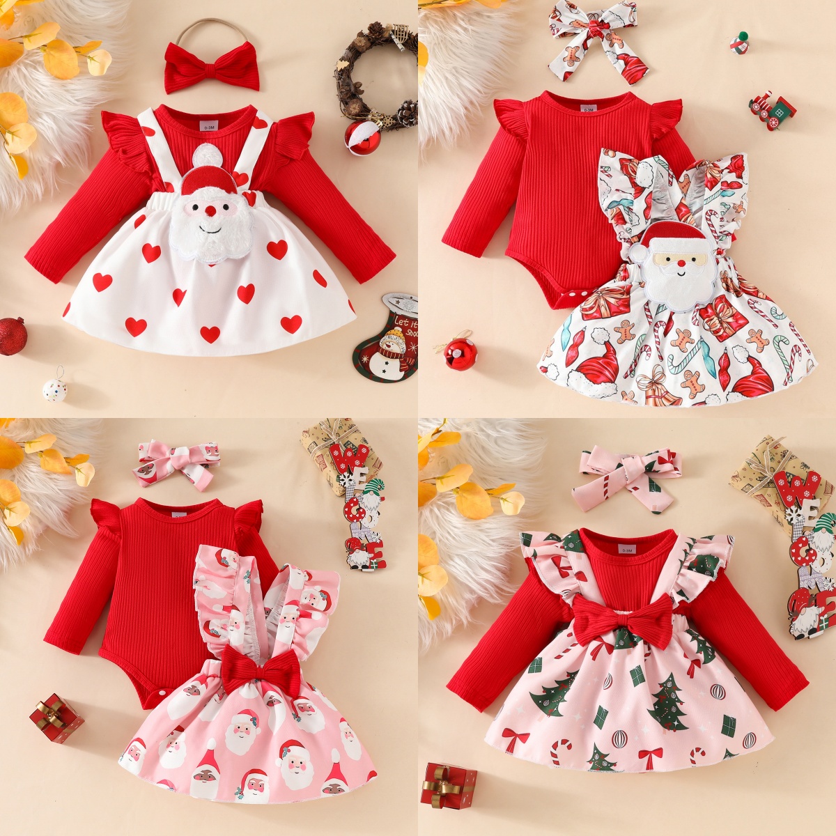 圣诞衣服婴儿圣诞节四件套长袖字母鹿头哈衣+格子短裤+裤套+头巾