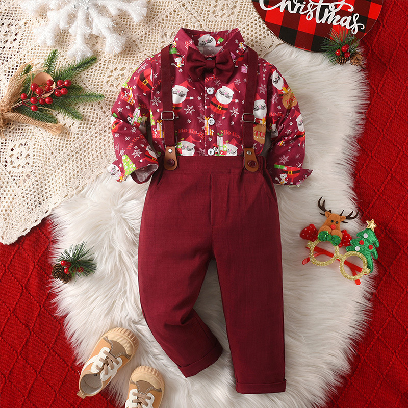 宝宝圣诞衣服男童表演服背带裤两件套儿童服装孩圣诞节礼服童装
