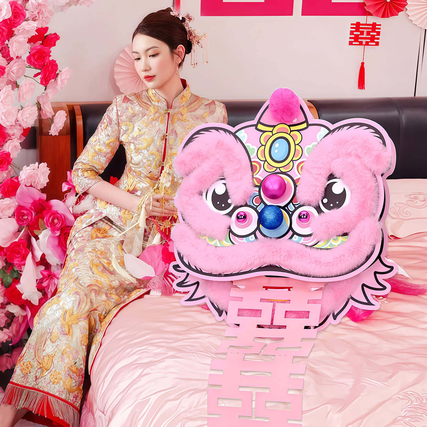 结婚拍照氛围感道具新娘晨袍醒狮婚房布置创意摆件婚礼狮子头套装图片