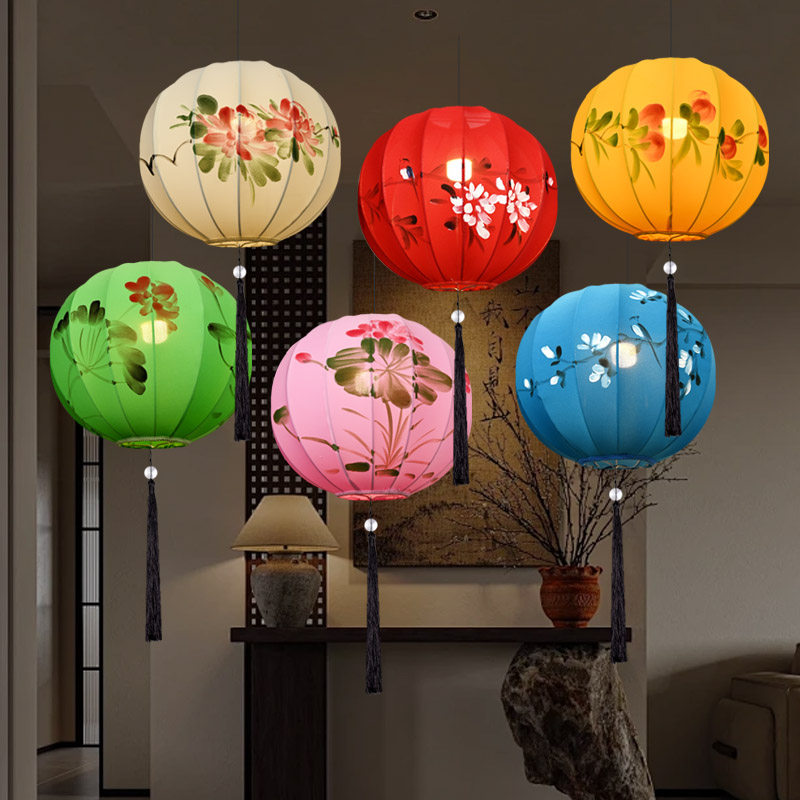 中式古风灯笼悬挂圆形布艺吊灯火锅店茶楼酒店古典星球灯具手绘灯
