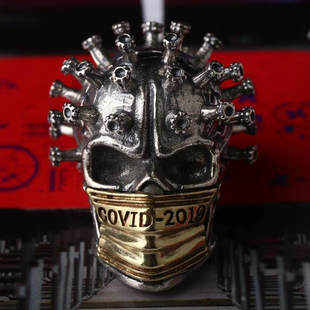 纪念2020科比925纯银COVID2019新冠病毒吊坠戒指骷髅嘻哈朋克摇滚