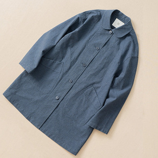 西河自制新简约休闲两色纱线色织精密莼棉中长风衣外套女灰兰