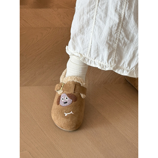 路十三复古卡通小狗半拖女2025秋冬新款百搭软底一脚蹬内增高拖鞋