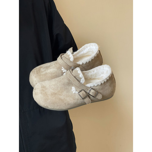 路十三冬季加绒全包勃肯鞋女2025新款复古保暖棉鞋外穿厚底毛毛鞋