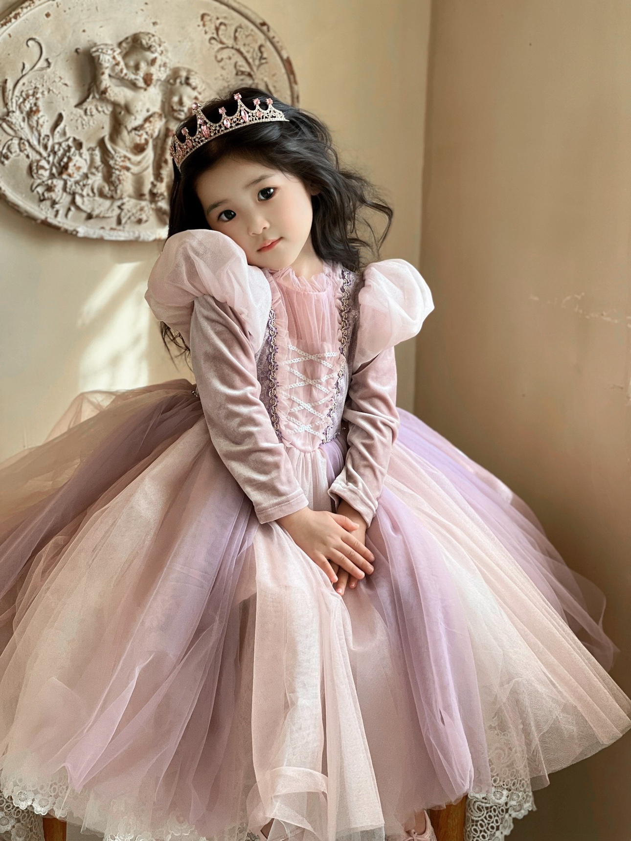发光长发乐佩公主裙粉紫色女童蓬蓬纱连衣裙生日礼服裙斗篷秋冬