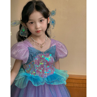 美人鱼公主裙春夏幻彩人鱼姬亮片闪闪泡泡袖蓬蓬裙六一生日礼服裙