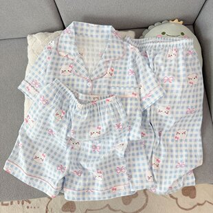 蝴蝶结KT睡衣女夏云朵棉三件套可爱卡通短袖短裤长裤家居服可外穿