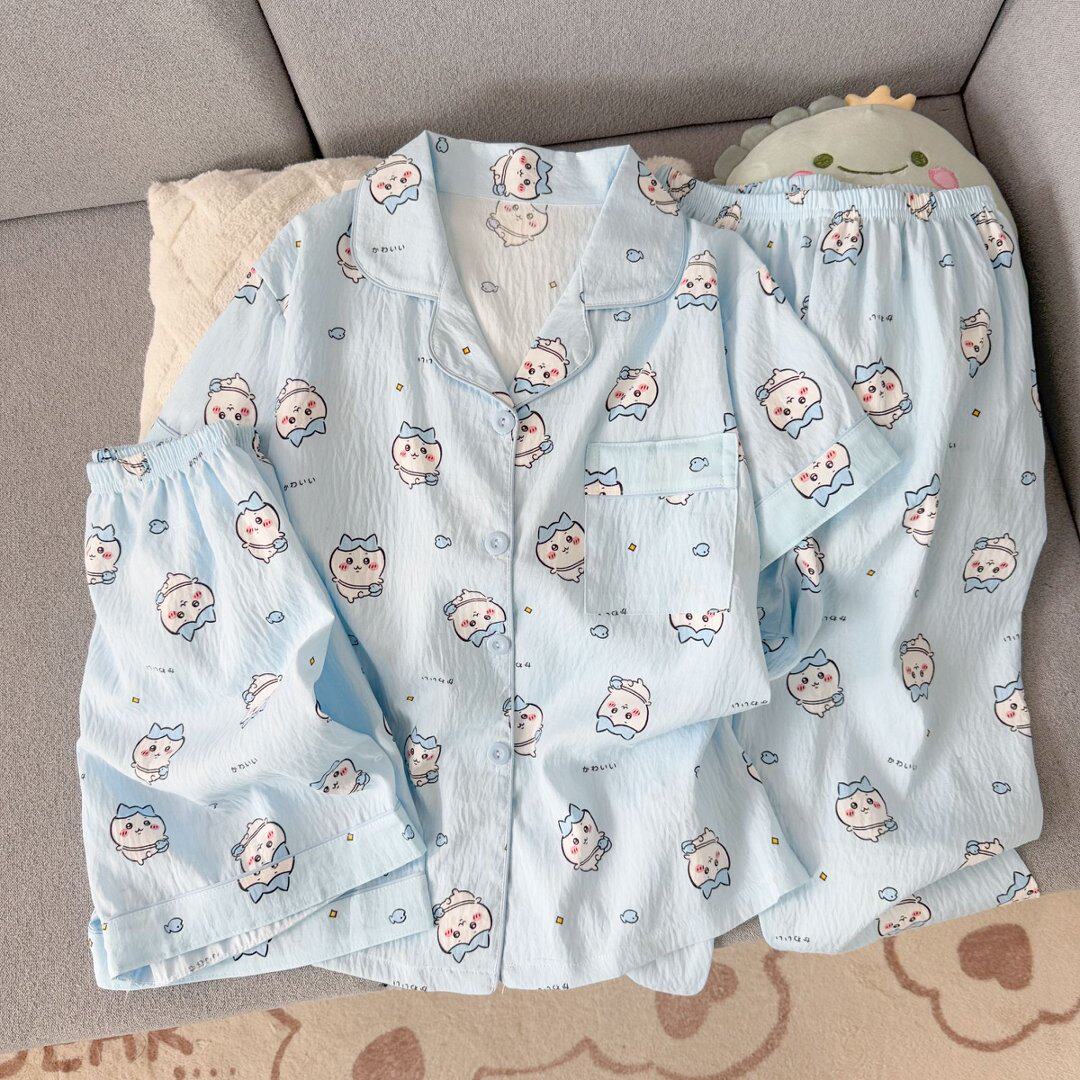 蓝色小八睡衣女夏云朵棉三件套图片