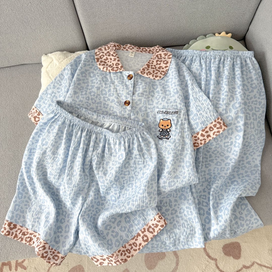 云朵棉睡衣女夏季薄款撞色豹纹卡通猫高级感可爱卡通三件套家居服