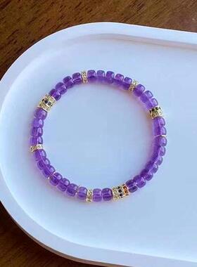 天然巴西紫水晶直切K金手串女小众高级感文玩药片珠镶钻手链饰品