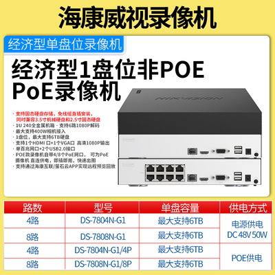 海康威视400万监控硬盘录像机单盘位DS-7804N/7808N-G1/4P/8P