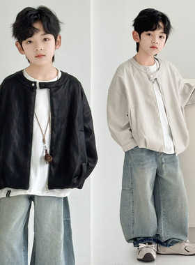 春季新款男童圆领皮衣外套2026儿童休闲短款男孩时尚夹克一件代发