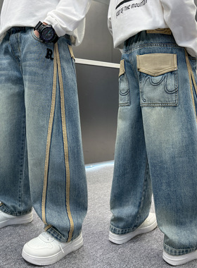 儿童装男童春装裤子2026新款中大童男孩直筒宽松字母牛仔裤长裤潮