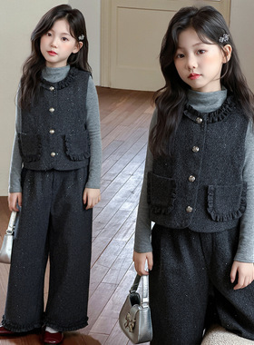 女童套装儿童春装2026新款时髦马甲打底衫裤子中大童休闲三件套潮
