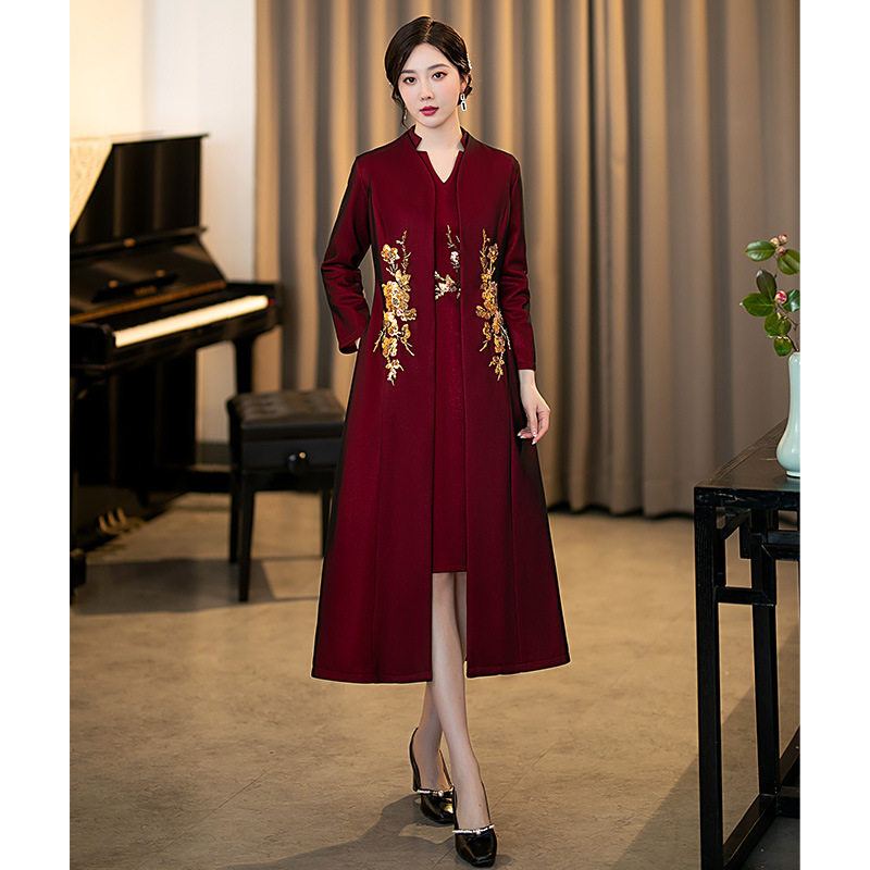 妈妈装旗袍大码喜婆婆婚宴装外搭春装参加婚礼礼服连衣裙大衣