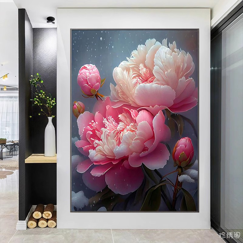 5d玄关钻石画2026年新款满钻简约花卉牡丹花开点贴钻十字绣砖石画