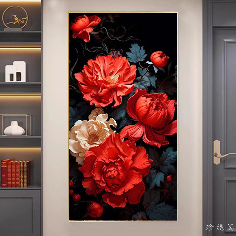 5d花开富贵钻石画满钻新款牡丹花竖版玄关手工砖石画十字绣贴钻画