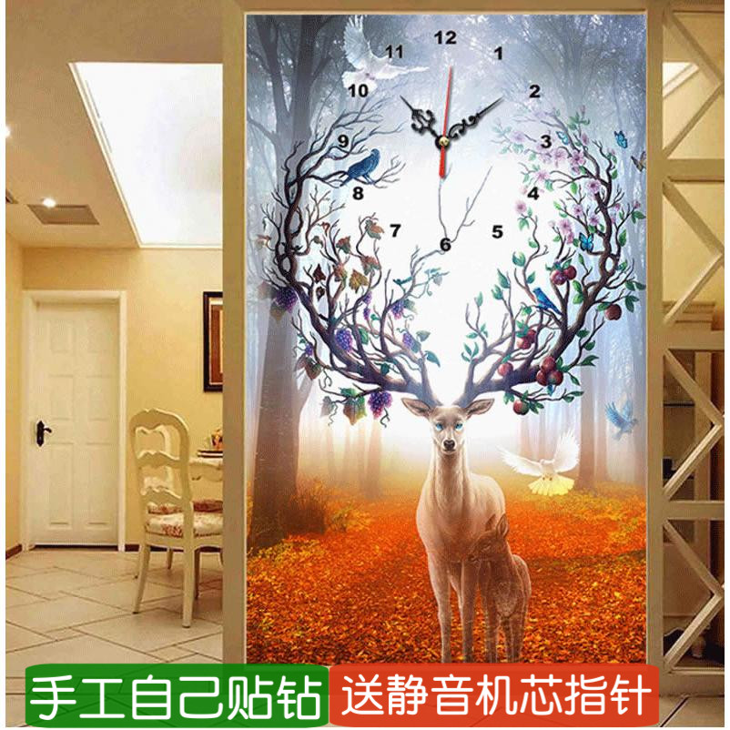 5d挂钟表2025新品钻石绣满钻发财鹿客厅竖版粘贴点钻十字绣砖石画