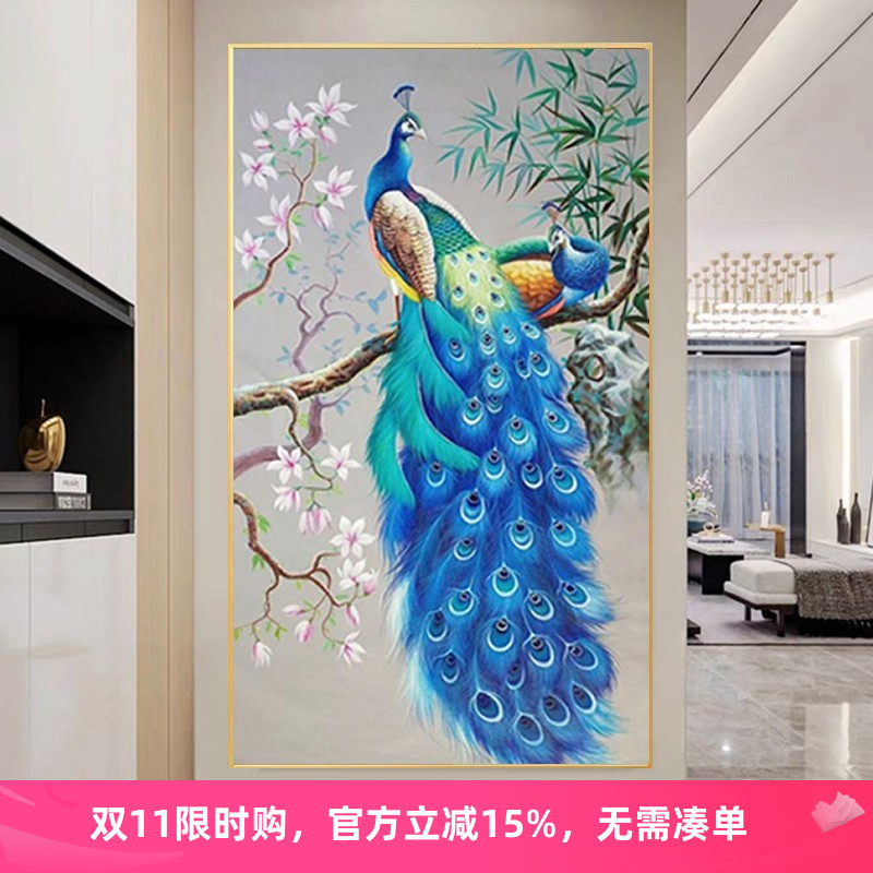 5d玄关孔雀钻石绣满钻2025年新款竖版蓝色沾粘贴点钻十字绣砖石画