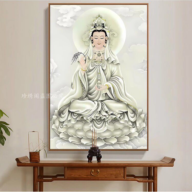 5d滴水观音钻石画满钻新款白衣菩萨赐福平安佛像贴钻画十字绣中堂