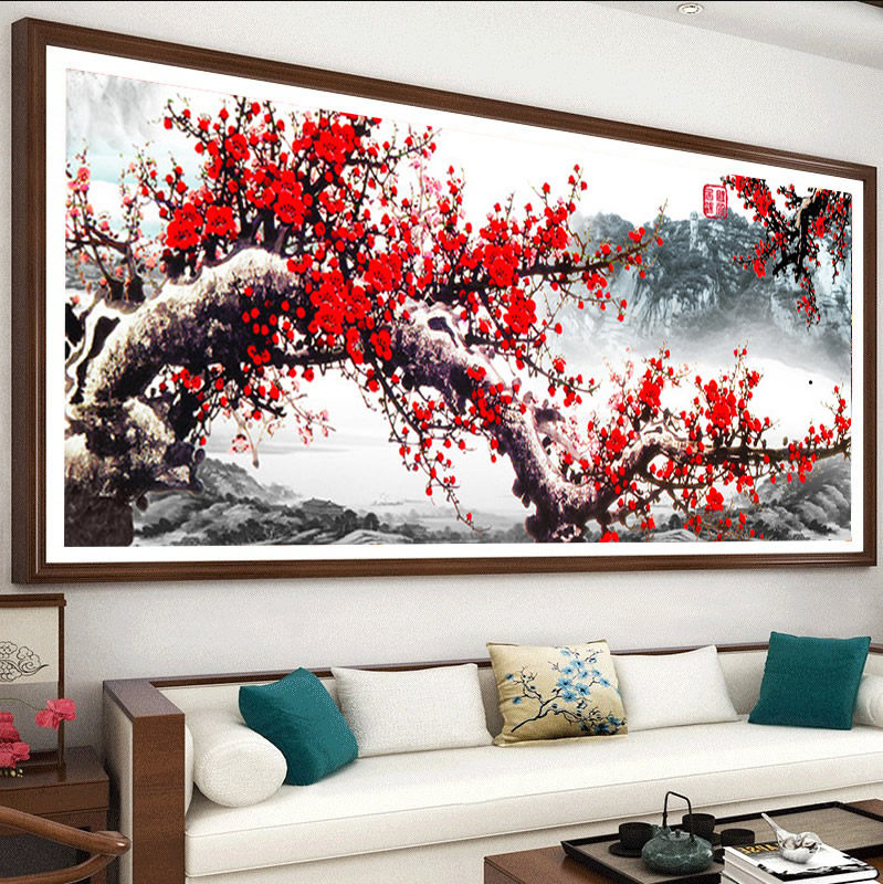 5d客厅梅花钻石绣手工diy红梅报春图贴粘钻画十字绣客厅横版大幅