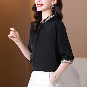 RM12823#黑色衬衫女士新款2023重工刺绣立领衬衣复古盘扣短袖蚕丝上衣