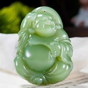 省级大师郭磊冰底起荧光带猫眼和田玉碧玉粉青挂件吊坠笑佛27.2克