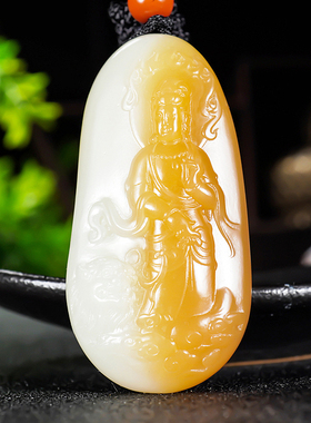 省级大师郭磊精雕细腻油润且末料新疆和田玉糖玉挂件观音33.55克