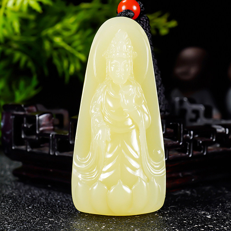 省大师冯立辉若羌料鸡油黄新疆和田玉黄玉挂件玉牌观音39.49克