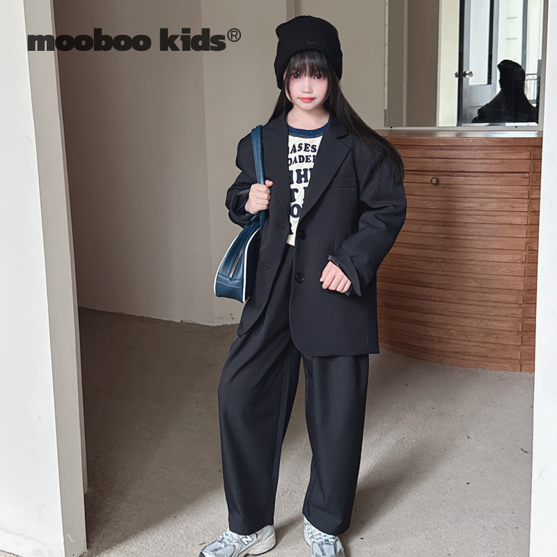 墨宝童装 MoobooKids_简约大廓形中大童甜酷黑色西装套装入秋女童